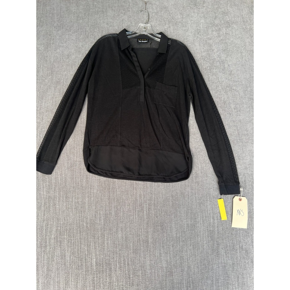 Sport The Kooples Popover Shirt Womens XXS Black Mesh Yoke High Low Hem Collared